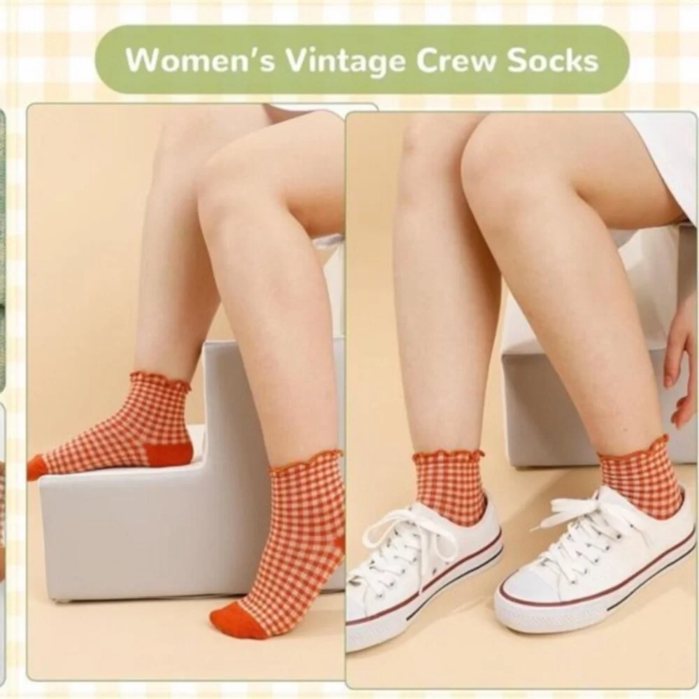 6 Pairs Women Ruffle Socks Striped Frilly Socks, Women Cute Socks Checkered